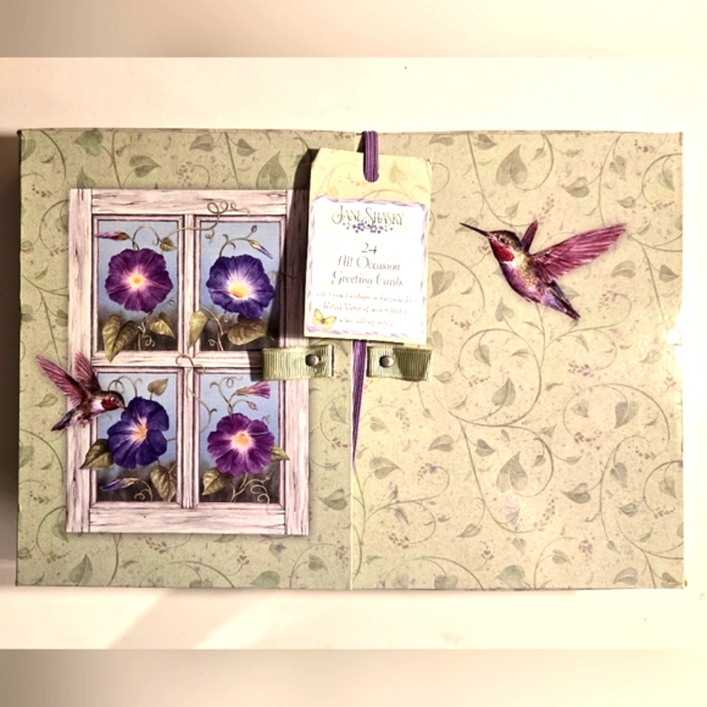 Jane Shasky 24 All Occasion  Greeting Card Set Floral and Hummingbird Design